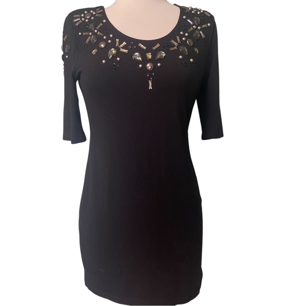 Women's H&M Black Jeweled Neck Short Sleeve Open Back Mini Dress